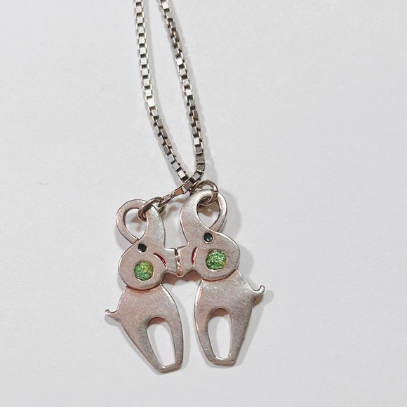 VINTAGE Lucky Kissing Elephants Necklace 925 Silver - Chain 17" Inch Included - Picture 12 of 12